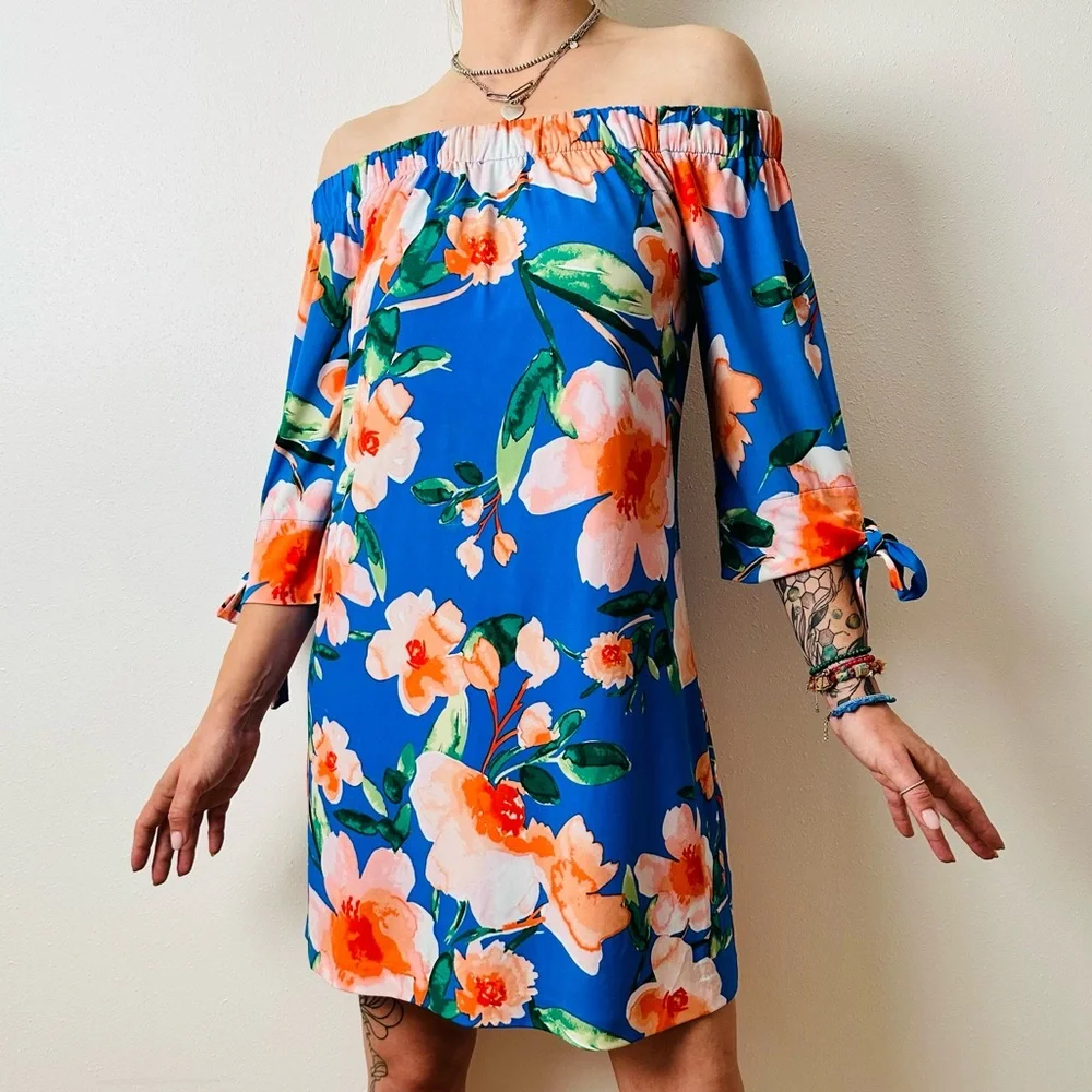 Vince Camuto off shoulder Tie Sleeve mini Dress floral - Picture 3 of 7